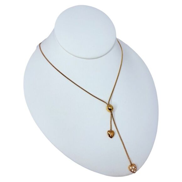 Gold Tone Double Heart Lariat Chain Necklace 22" Rhinestone Love Valentines Day - Picture 4 of 8